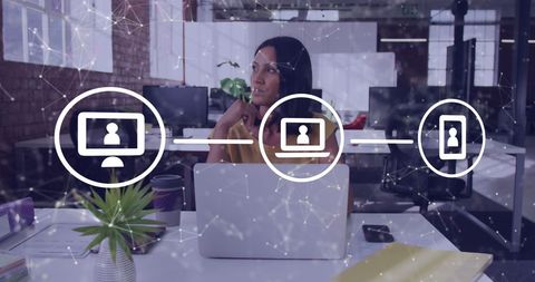 Thoughtful Woman in Office with Digital Network Overlay