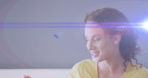 Creative Light Trails Over Smiling Woman in Relaxed Environment