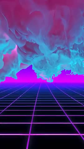 Vertical synthwave horizon panning through neon grid with shifting cyan magenta clouds