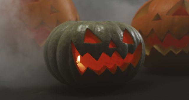 Scary carved pumpkin jack-o'-lantern with a burning candle inside, placed among smoke. Ideal for use in Halloween-themed projects, spooky greeting cards, decorations, social media posts, or holiday marketing materials.