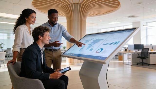 Team collaborating on large interactive touchscreen analyzing global data in modern office