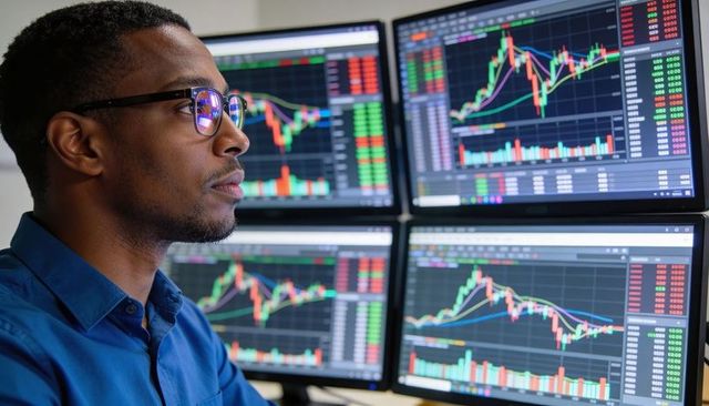 Focused trader monitoring live stock and crypto charts on four-monitor trading station