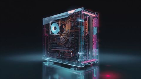 Transparent acrylic gaming pc case showcasing neon rgb lighting and liquid cooling tubes