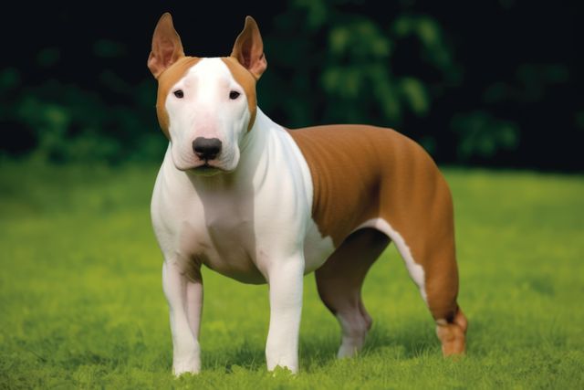 Portrait of brown bull terrier in grass, created using generative ai technology. Animal, pet and dog concept digitally generated image.