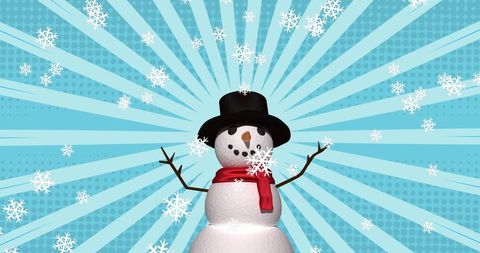 Festive Snowman Amidst Falling Snowflakes on Light Blue