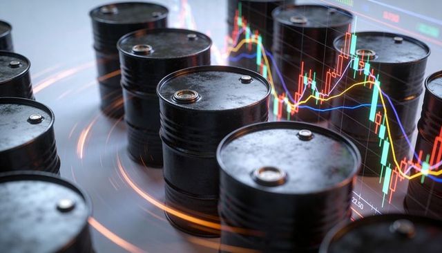 Crude oil barrels overlaying candlestick charts representing energy market volatility