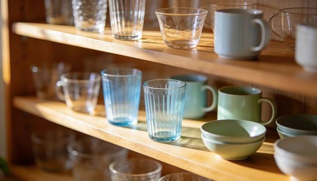 Sunlit wooden shelves displaying ribbed blue glasses and pastel ceramic mugs in kitchen