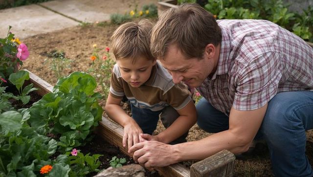 Father and son planting seedlings in raised garden bed teaching hands-on gardening skills