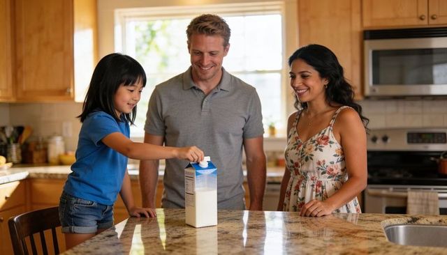Smiling parents watching child reaching for milk on granite kitchen island morning routine