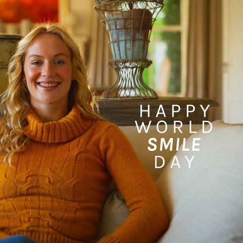 Happy World Smile Day with Smiling Caucasian Woman on Sofa