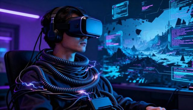 Young man wearing vr headset and coiled cables in neon cyberpunk lab, immersive simulation