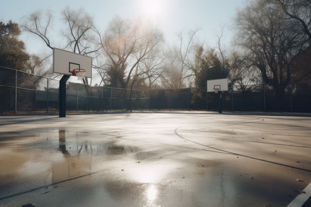 Wet basketball court and surrounded by trees, created using generative ai technology. Basketball, sports and competition concept digitally generated image.