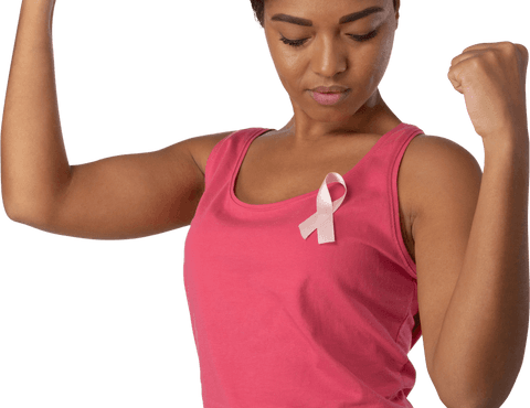 Confident Woman Celebrating Strength in Pink Ribbon Transparent Background