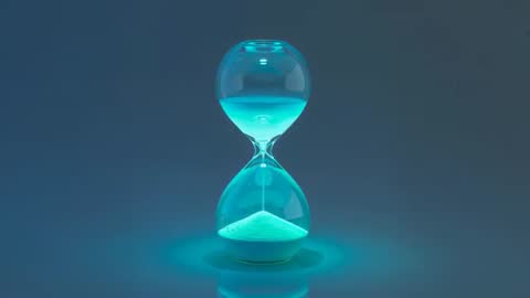 Illuminated Hourglass with Teal Sand on Reflective Surface