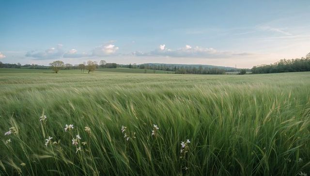Swaying green meadow with pale wildflowers and rolling hills under soft sky
