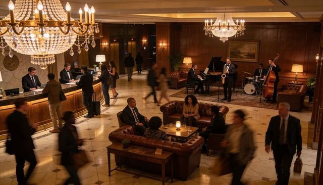 Business professionals networking in luxurious hotel lobby with live jazz and chandeliers