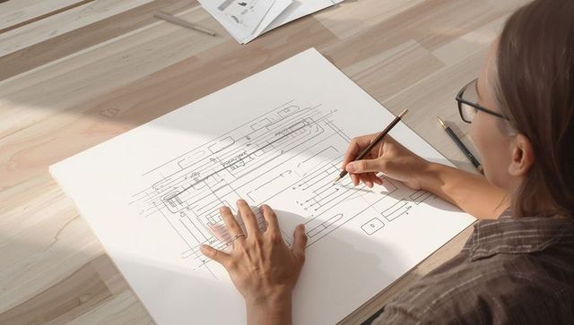 Woman architect sketching detailed blueprint at desk with pencils and glasses, workspace