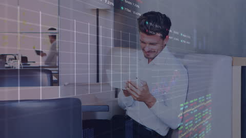 Businessman Analyzing Stocks on Tablet with Digital Overlay