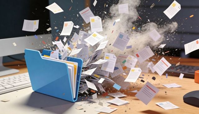 Blue folder exploding into flying documents and dust cloud across office desk, paper chaos