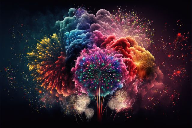 Vibrant firework explosions in the night sky, ideal for use in festive event promotions, New Year celebrations, party invitations, and holiday marketing materials. Captures the spirit of celebration with bright, colorful bursts against a dark backdrop.