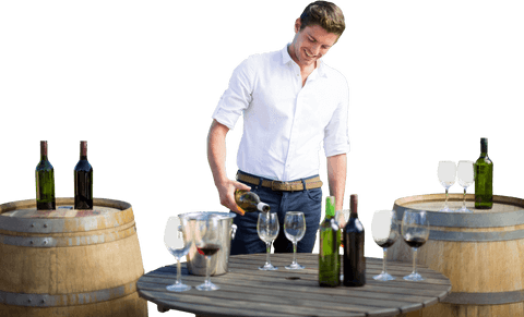 Smiling Young Man Pouring Wine in Transparent Scene with Wooden Barrels - Download Free Stock Videos Pikwizard.com