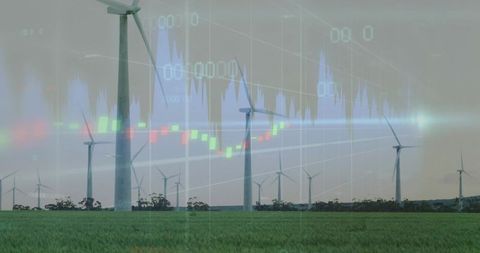 Wind Turbines Powering Renewable Energy Market with Digital Price Charts Overlay