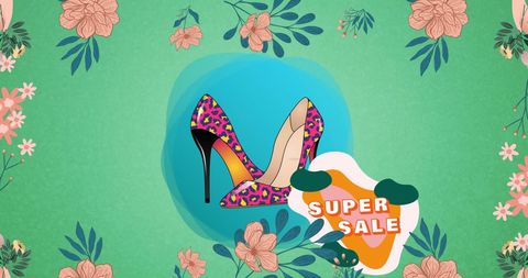 Colorful high heels against green floral background
