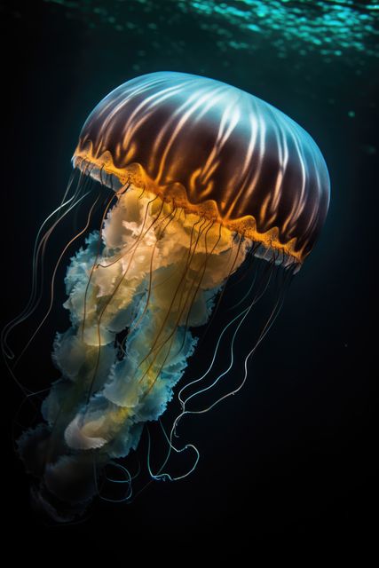 Close up of orange glowing jellyfish underwater, created using generative ai technology. Ocean life, fish and beauty in nature concept digitally generated image.