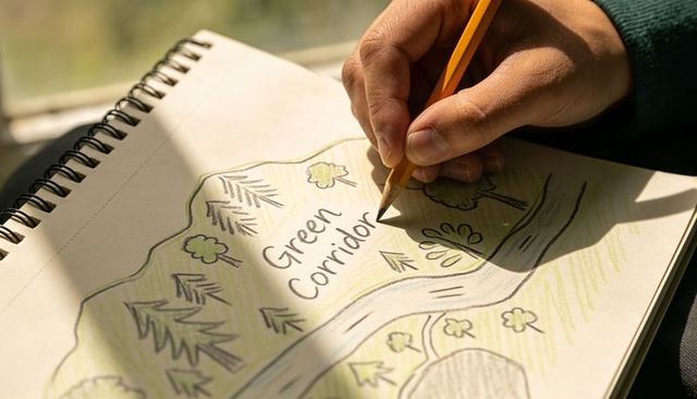 Hand sketching green corridor map in spiral sketchbook with pencil and warm sunlight