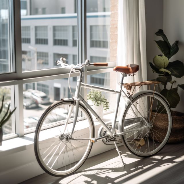 Image of a stylish vintage bicycle standing next to a large apartment window, bathed in sunlight. The interior includes touches of modern living with an indoor plant and contemporary decor. Great for use in articles about urban living, apartment lifestyle, eco-friendly transportation, or modern home decor.