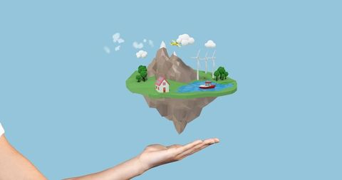 Hand Supporting Eco-friendly Floating Island with Renewable Energy