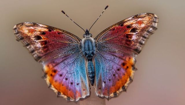 Iridescent blue purple butterfly macro with multicolor patterned wings and antennae