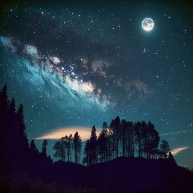 Stunning display of the night sky featuring a full moon and glittering stars. Silhouetted trees create a dramatic foreground with the Milky Way visible, providing an astronomical spectacle. Ideal for use in nature blogs, astronomy websites, educational materials, and scenic calendars.