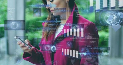 Professional woman using smartphone with holographic data overlays for mobile analytics