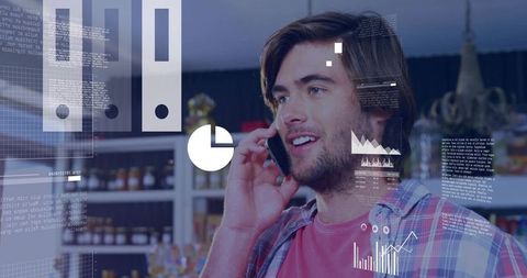 Young man talking on smartphone in small store with data overlay and retail analytics