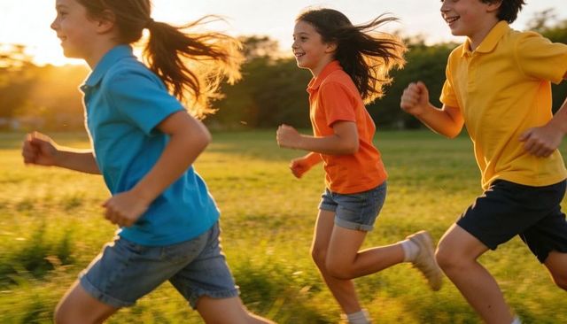 Kids racing at sunset running through grassy meadow in colorful polos