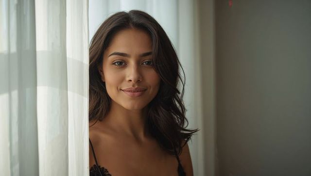 Standing dark-haired woman in lace camisole bathed in soft window light with sheer curtain