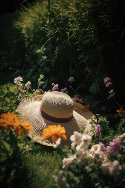 Straw hat resting in a lush flower garden on a sunny day, perfect for illustrating gardening, summer relaxation, outdoor activities, or nature themes. Could be used in gardening magazines, blogs, and advertisements promoting backyard products or summer fashion accessories.