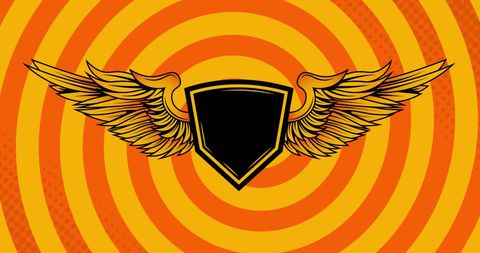 Winged emblem with vibrant orange spiral background