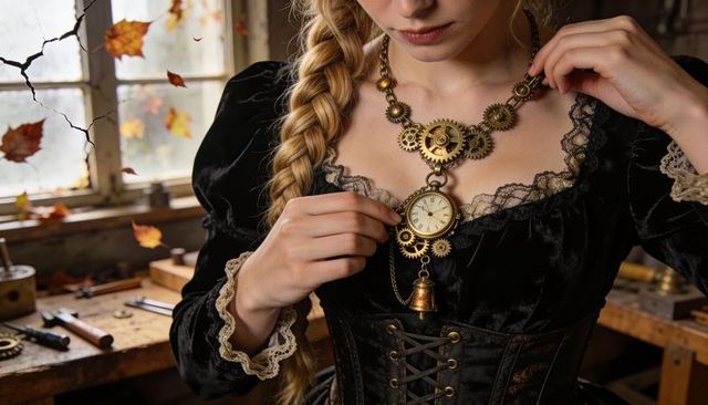 Steampunk artisan adjusting pocket watch necklace wearing black corset with braided hair