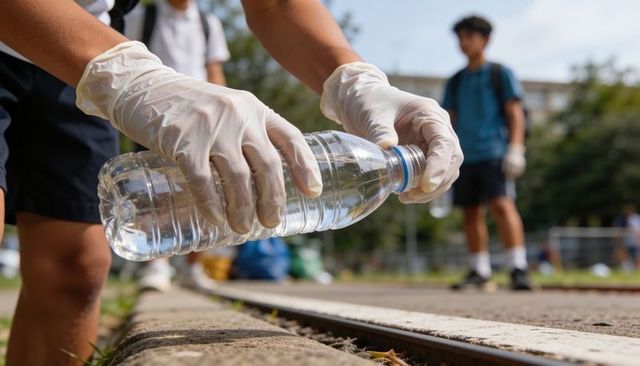 Students wearing gloves pouring water into curb during outdoor school cleanup project
