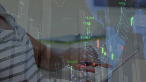 Woman Interacting with Tablet and Digital Financial Charts