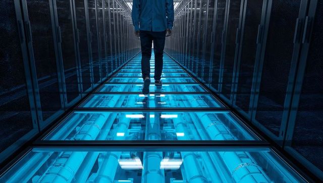 Walking Technician Navigating Futuristic Data Center Aisle Over Illuminated Glass Floor