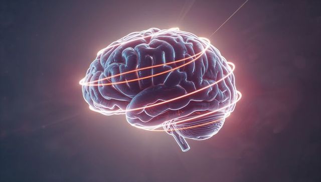 3D Brain Model with Neon Light Rings in Digital Space