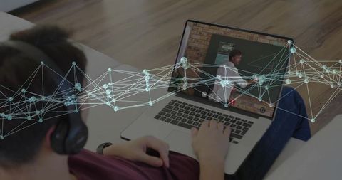 Remote learning on laptop with network data overlay connecting student to virtual lecture