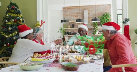 Seniors celebrating christmas cheers at festive table