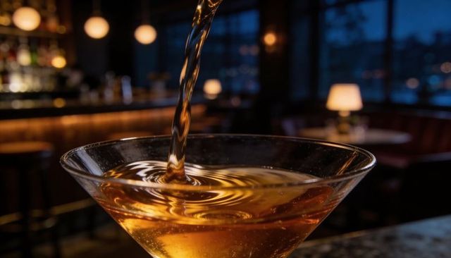 Pouring amber martini creating ripples in stemware with warm lounge bokeh ambience