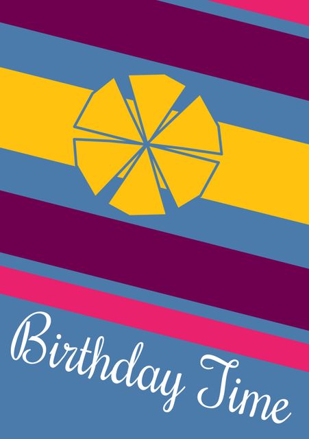 This vibrant birthday greeting card features an abstract geometric design with a modern color palette, including shades of blue, yellow, pink, and purple. Perfect for sending personalized birthday wishes or for use as a customizable party invitation.