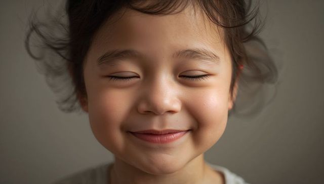 Smiling asian child with closed eyes enjoying peaceful moment closeup studio portrait