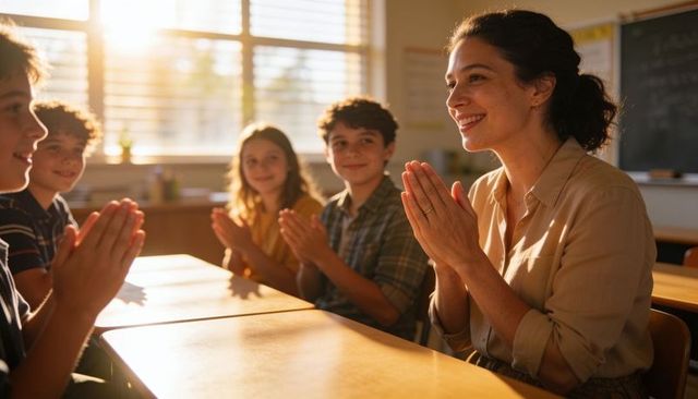 Sunlit female teacher leading classroom applause with smiling elementary students